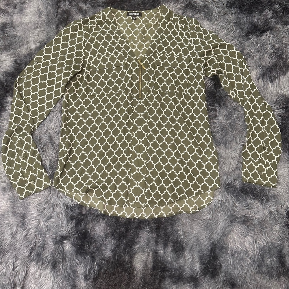 Express Olive Print Long-Sleeve Button Blouse